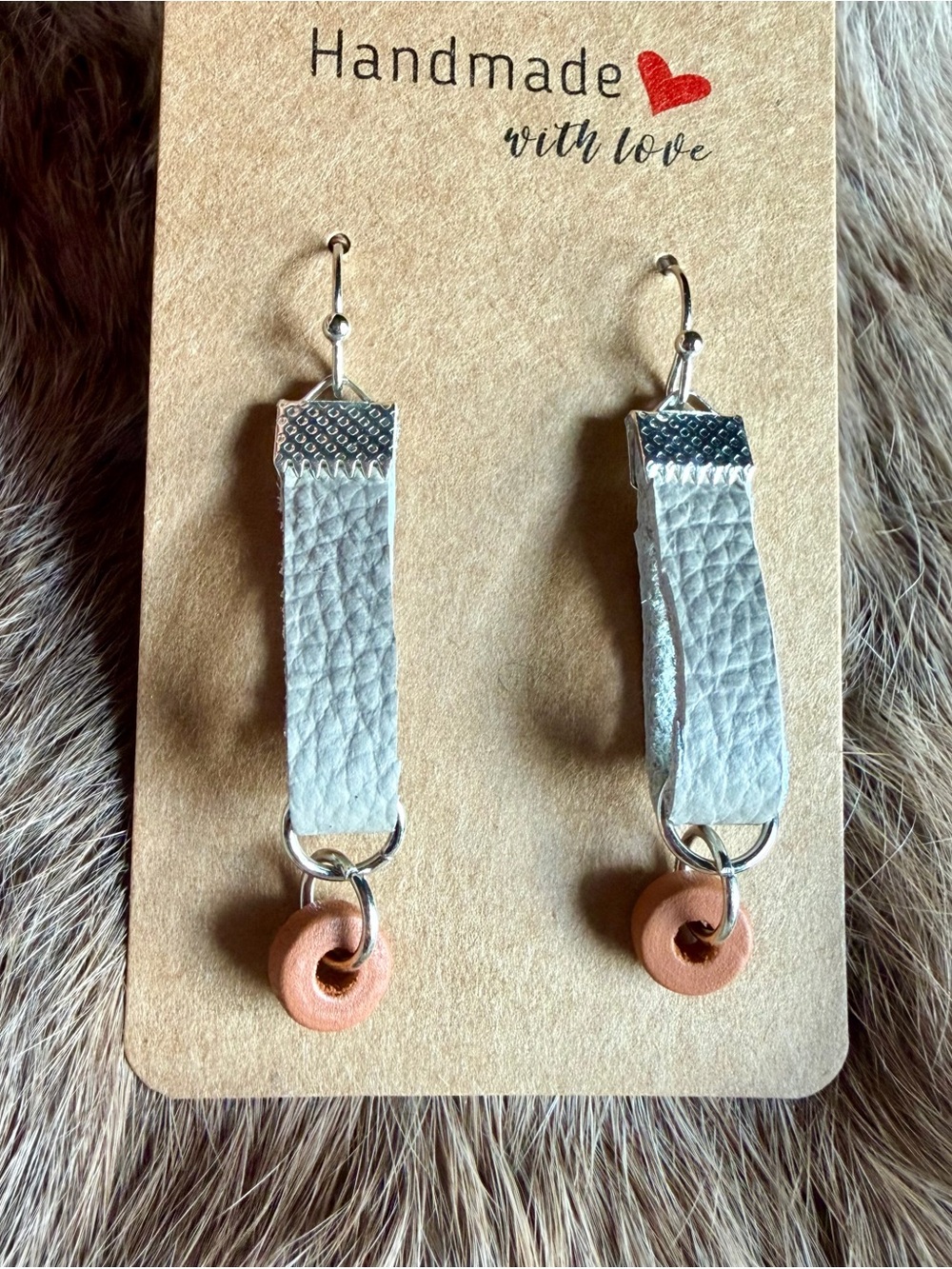 Handmade White Leather Earrings with clay Accent Bead